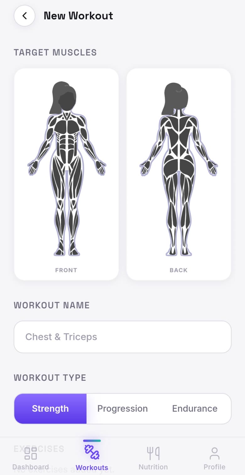 Invictus new workout screen: pick target muscles on a front and back body map.