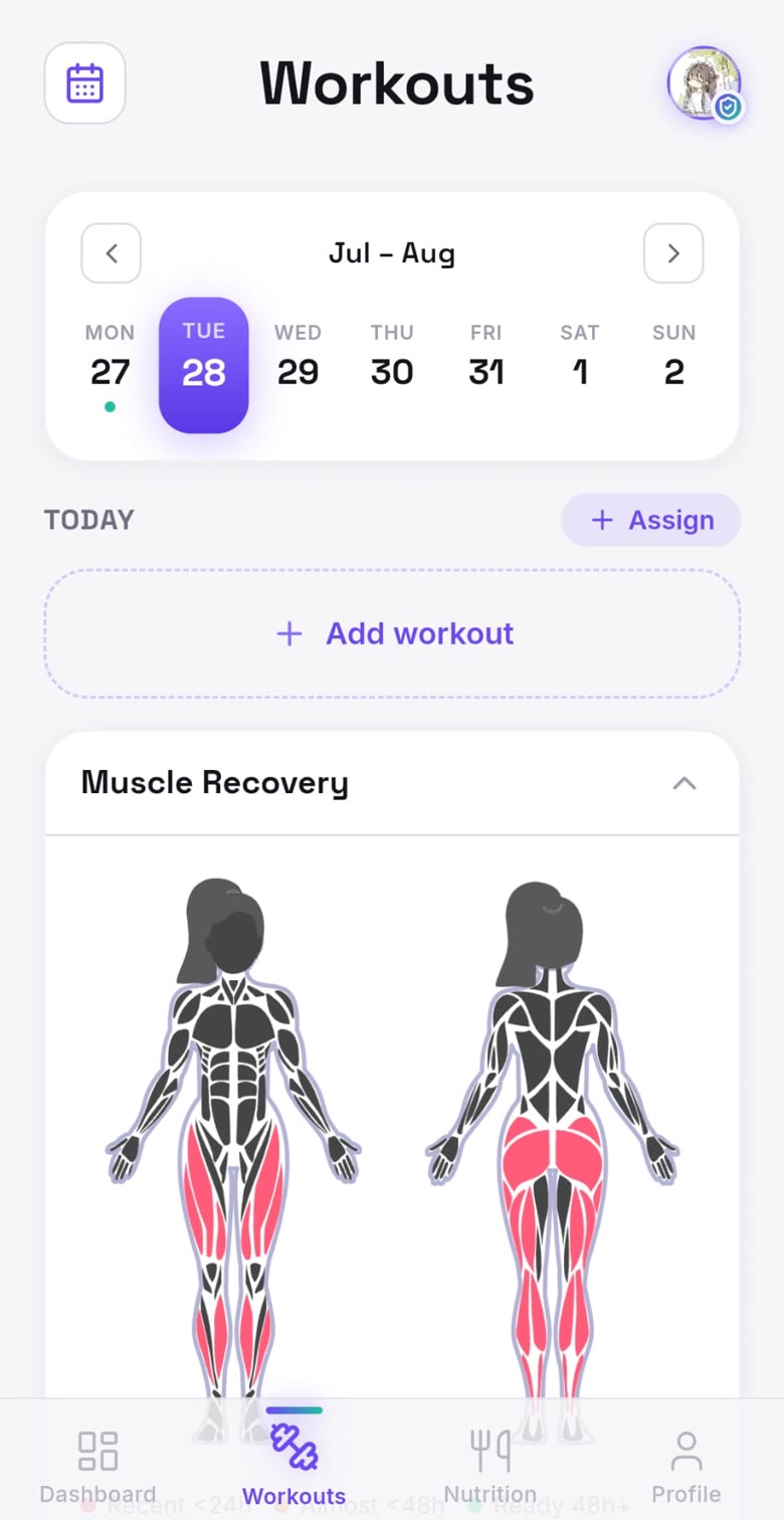Invictus workouts screen: a weekly calendar and a muscle recovery body map.